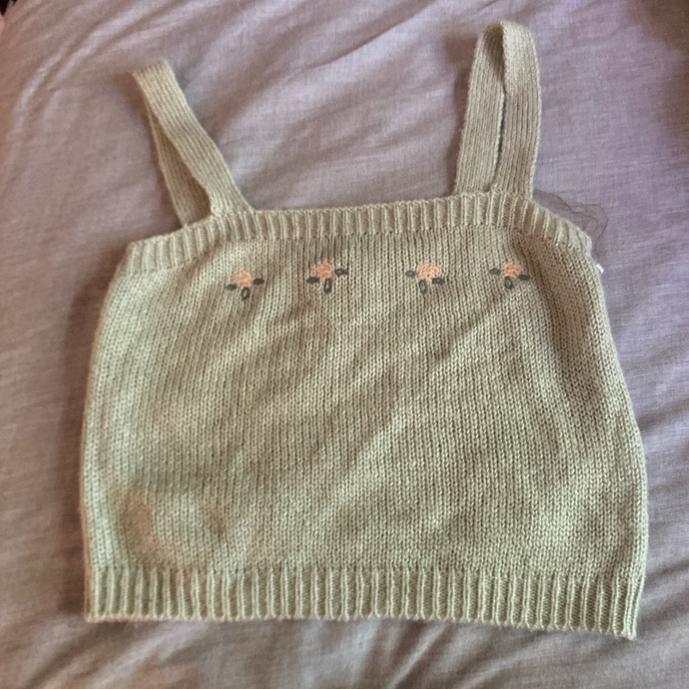 Light Green Knit Tank Top with Floral Embroidery